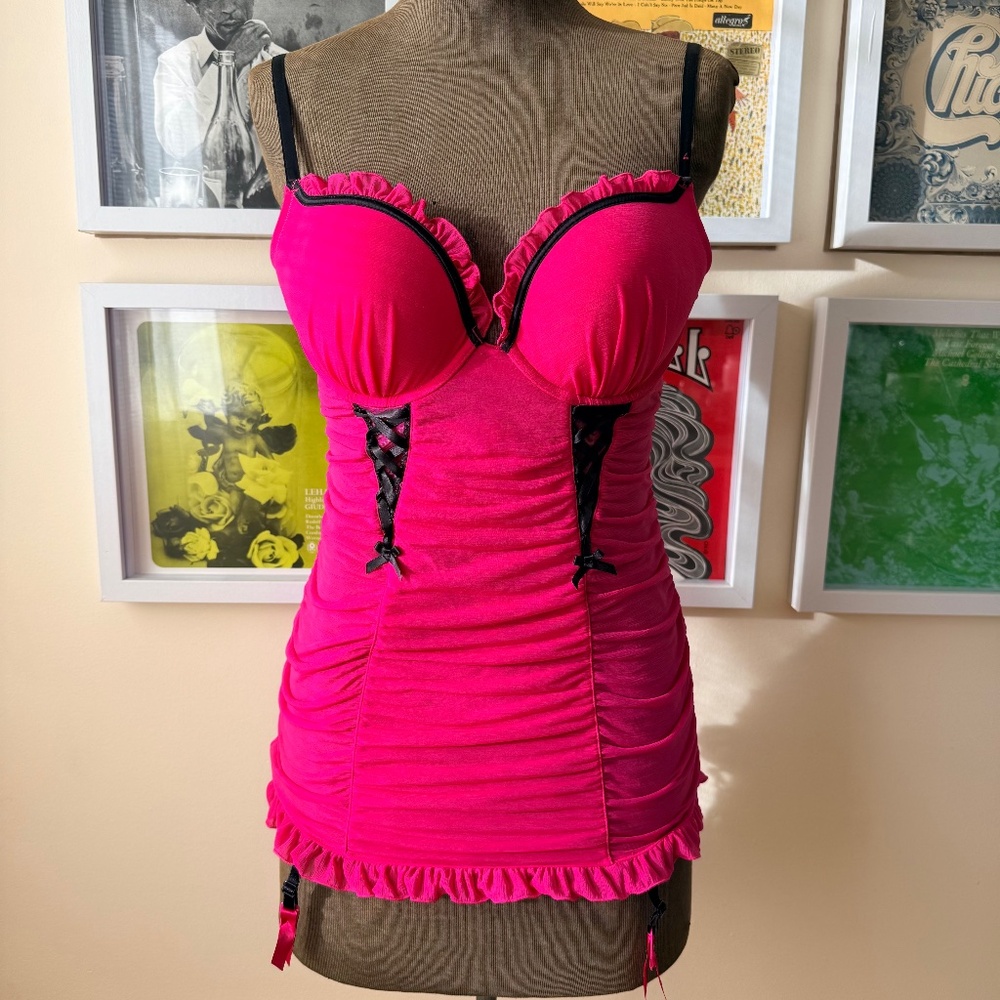💖 Y2K Hot Pink Ruched Corset-Style Lingerie Slip